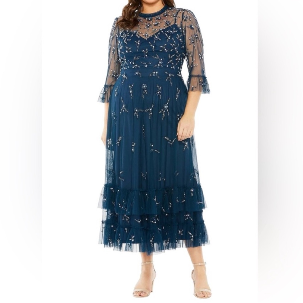 Mac Duggal Ocean Blue High Neck Embellished Flutter Half Length Sleeve Dress